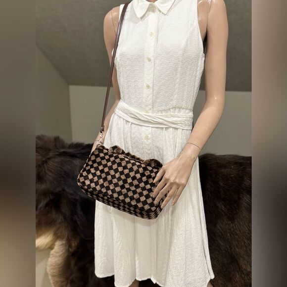 Checkerboard Real Shearling Leather Handmade Double Zip Boston Bag/Crossbody - Picture 13 of 14